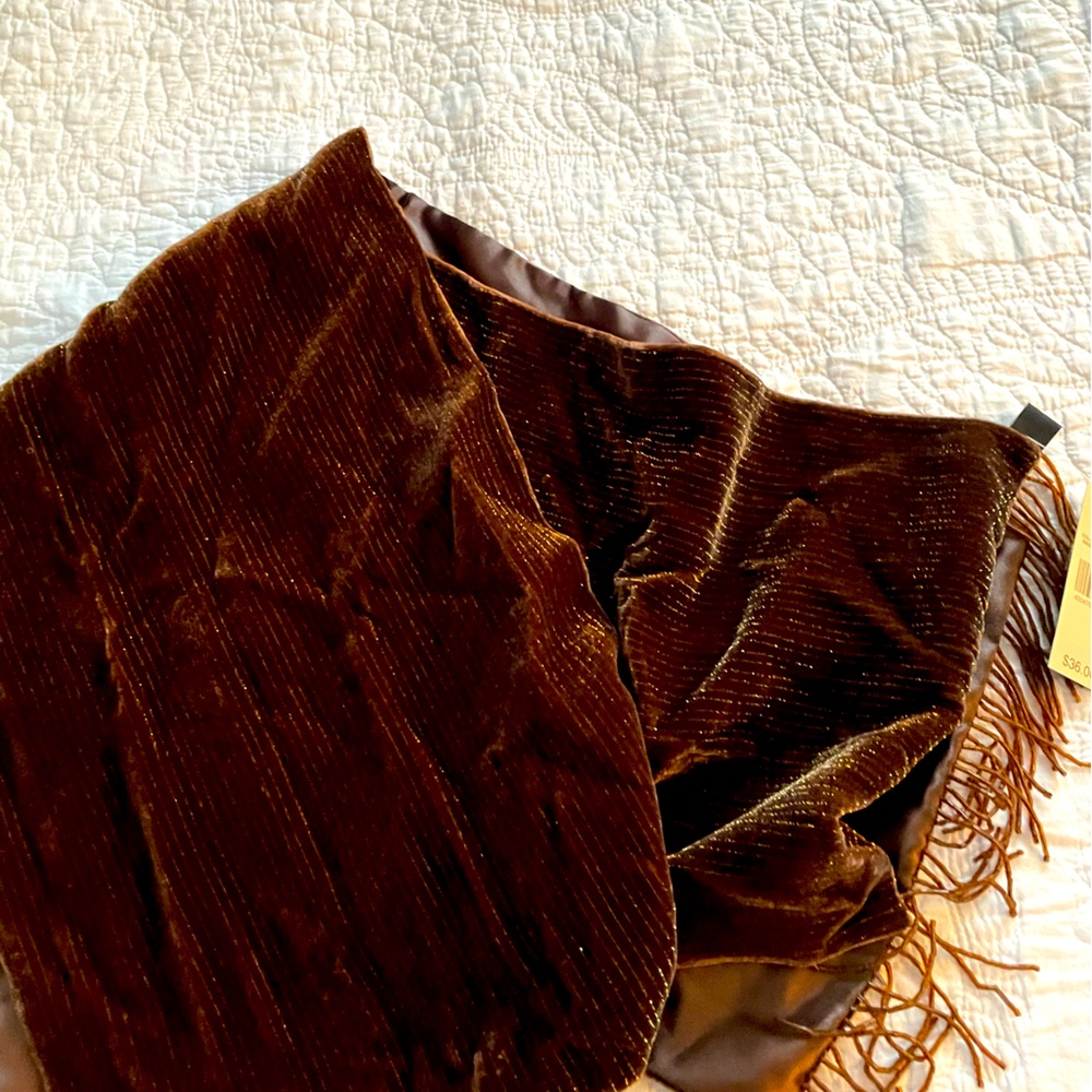 Valerie Steven’s long brown velvet scarf with fringe - with original tags.